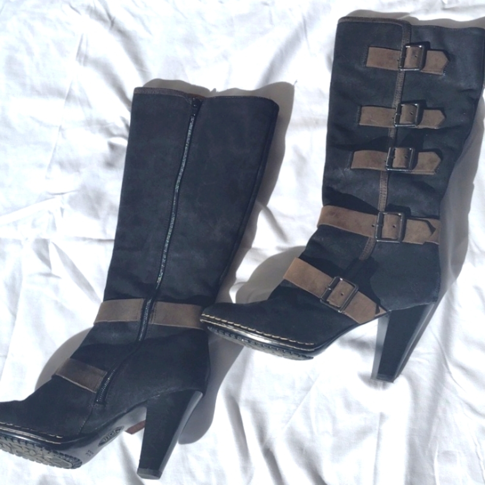Sofft Heeled Boots Black with Brown Buckles Knee High Size 6.5
